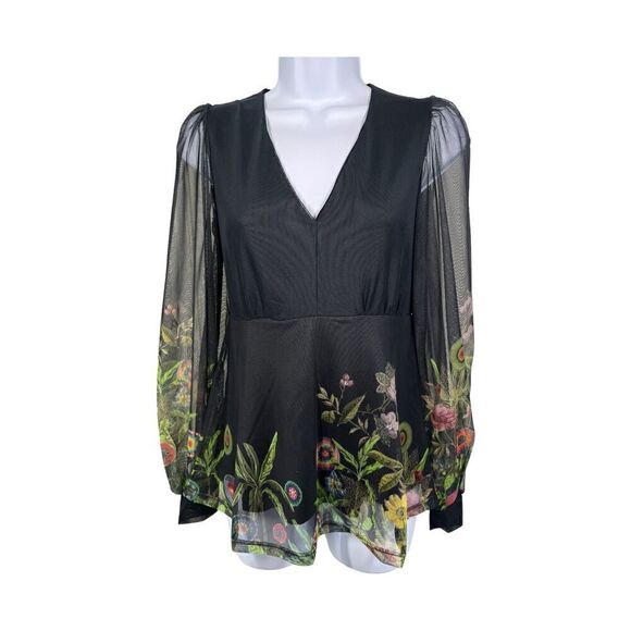 Desigual Black V-Neck Sheer Floral Overlay w/rhinestones Party Blouse XS - Picture 3 of 9